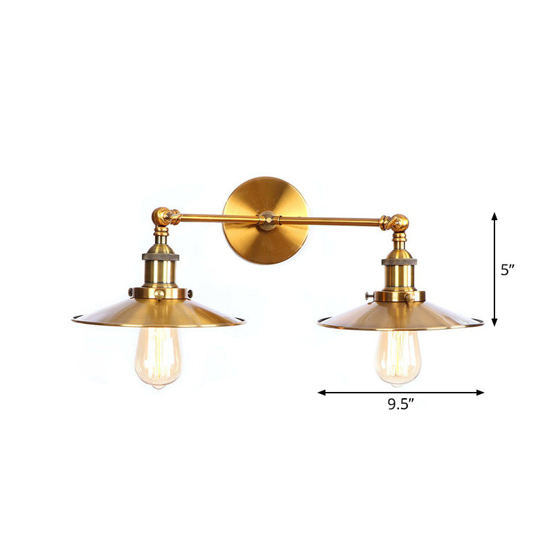 Antique Brass Wall Lamp with Dual Head and Adjustable Joint - Iron Horn/Scalloped/Cone Shade Included