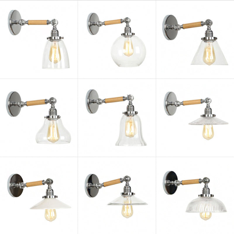 1-Light Rustic Wall Mounted Lamp - Clear Glass Rotatable Bowl/Cone/Bell Design in Chrome and Wood