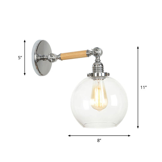 1-Light Rustic Wall Mounted Lamp - Clear Glass Rotatable Bowl/Cone/Bell Design in Chrome and Wood