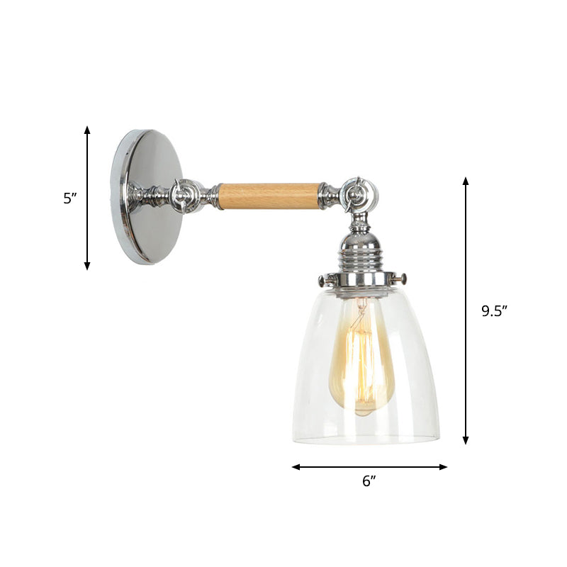 1-Light Rustic Wall Mounted Lamp - Clear Glass Rotatable Bowl/Cone/Bell Design in Chrome and Wood
