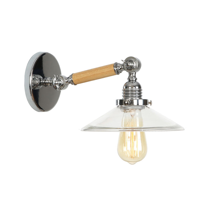 1-Light Rustic Wall Mounted Lamp - Clear Glass Rotatable Bowl/Cone/Bell Design in Chrome and Wood