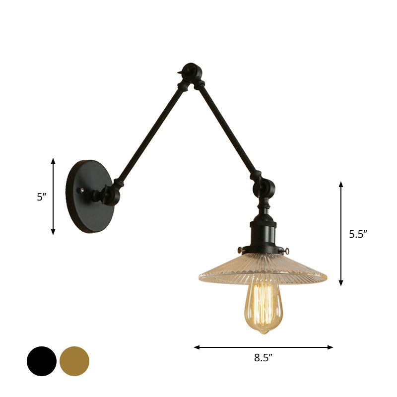 Loft Style Ribbed Glass Saucer Shade Studio Task Wall Lamp - Black-Brass/Black Swing Arm Mount Light Fixture