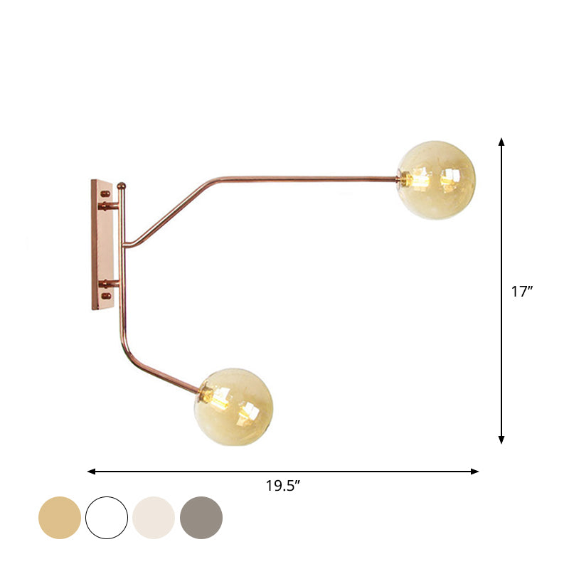 Wall Mounted Iron Rose Gold Reading Light with Branching Design, Industrial Fixture - Gem/Ball Glass Shade, 2 Bulbs