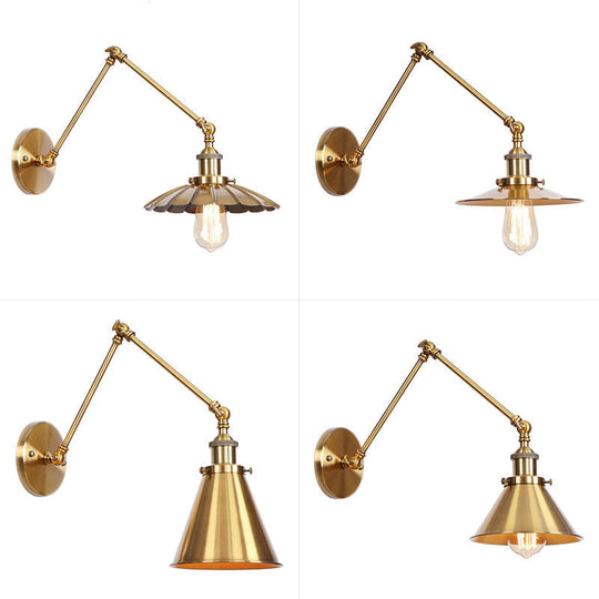 Antique Wall Mounted Swing Arm Lamp - Iron Brass Task Wall Lighting with Scalloped/Horn/Cone Design - Available in 6"/8" Width