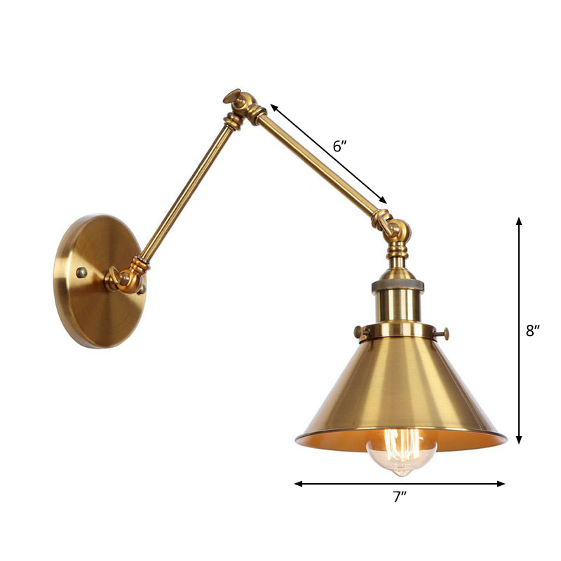 Antique Wall Mounted Swing Arm Lamp - Iron Brass Task Wall Lighting with Scalloped/Horn/Cone Design - Available in 6"/8" Width