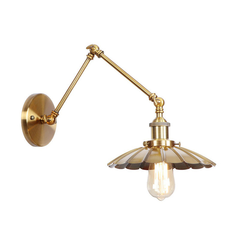 Antique Wall Mounted Swing Arm Lamp - Iron Brass Task Wall Lighting with Scalloped/Horn/Cone Design - Available in 6"/8" Width