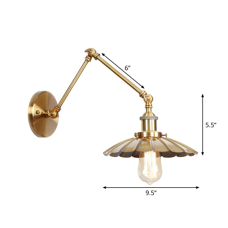 Antique Wall Mounted Swing Arm Lamp - Iron Brass Task Wall Lighting with Scalloped/Horn/Cone Design - Available in 6"/8" Width