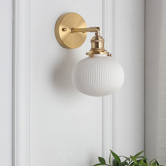 Country-Style Kitchen Wall Light Kit: Elliptical Ribbed Ceramic Lamp with Rotatable Brass Mount