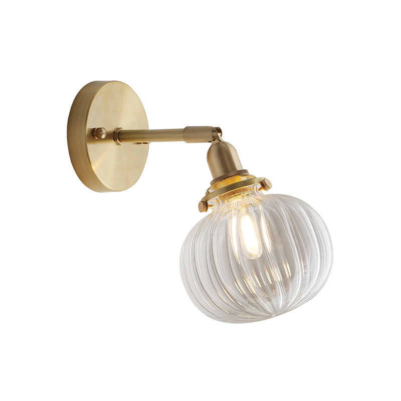 Small Brass Pumpkin Wall Lamp with Clear Ribbed/Blue Glass - Bedroom Lighting with Adjustable Joint