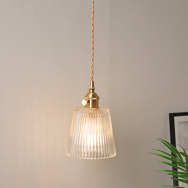Antique Brass Wall Hanging Lamp with Clear Prismatic/Wavy Glass, Bedside Wall Lighting, Rotary Switch