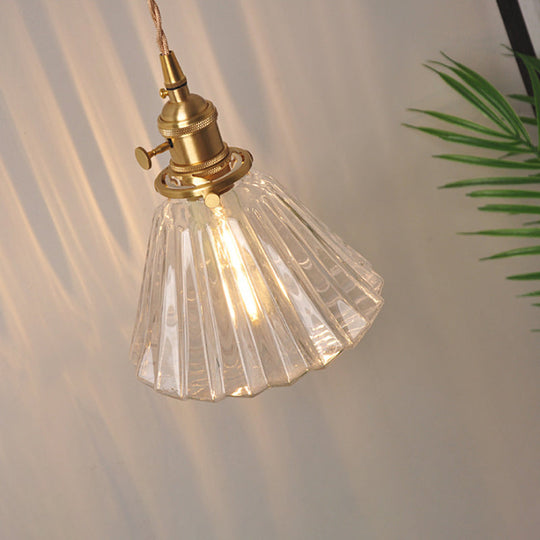 Antique Brass Wall Hanging Lamp with Clear Prismatic/Wavy Glass, Bedside Wall Lighting, Rotary Switch