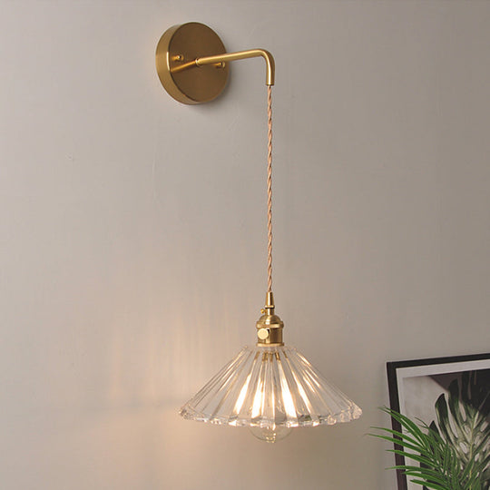 Antique Brass Wall Hanging Lamp with Clear Prismatic/Wavy Glass, Bedside Wall Lighting, Rotary Switch