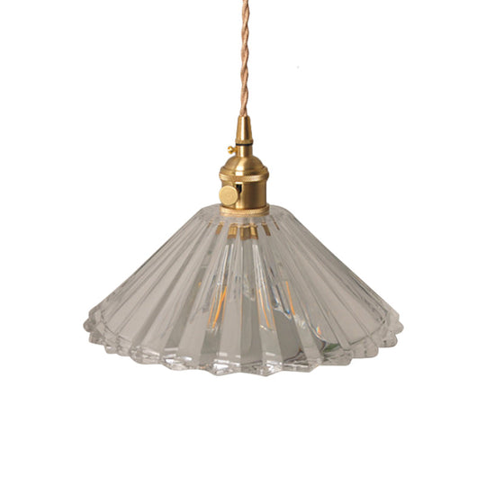 Antique Brass Wall Hanging Lamp with Clear Prismatic/Wavy Glass, Bedside Wall Lighting, Rotary Switch