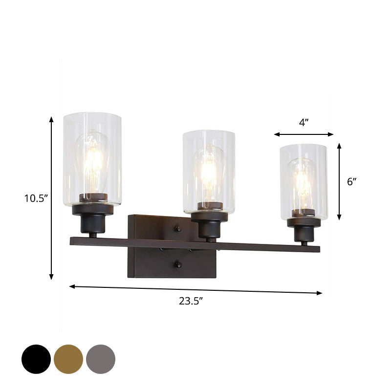 Industrial Cylinder Wall Mount Light - 2/3 Bulbs - Black/Brass/Nickel - Clear Glass Wall Lamp for Bathroom