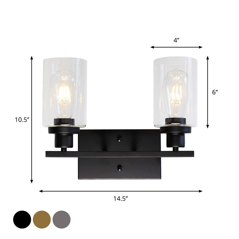 Industrial Cylinder Wall Mount Light - 2/3 Bulbs - Black/Brass/Nickel - Clear Glass Wall Lamp for Bathroom