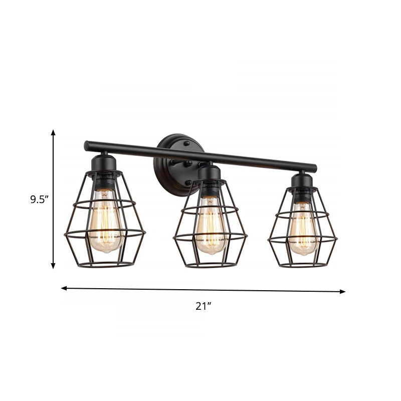 Industrial Linear Iron Wall Mounted Vanity Light with Clear Glass and Diamond Cage in Black - 3-Head Lamp