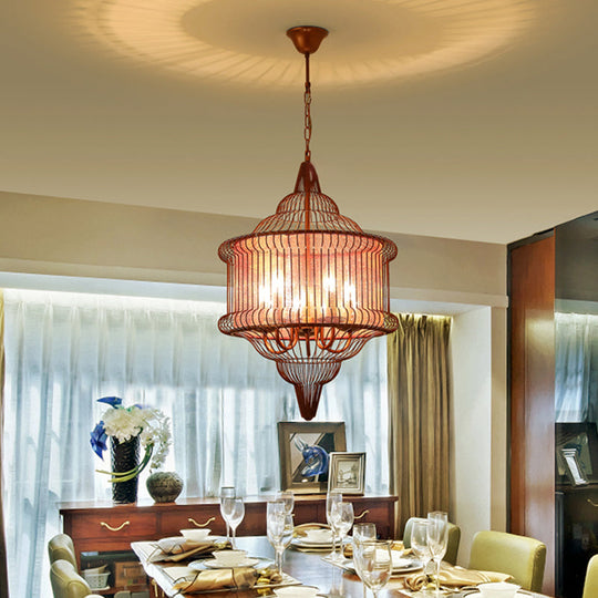 Farmhouse Black/Red/White Metal Lantern Pendant: 5-Bulb Cage Suspension Lighting Fixture for Dining Table