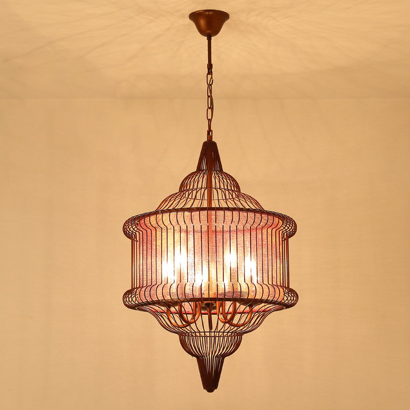 Farmhouse Black/Red/White Metal Lantern Pendant: 5-Bulb Cage Suspension Lighting Fixture for Dining Table