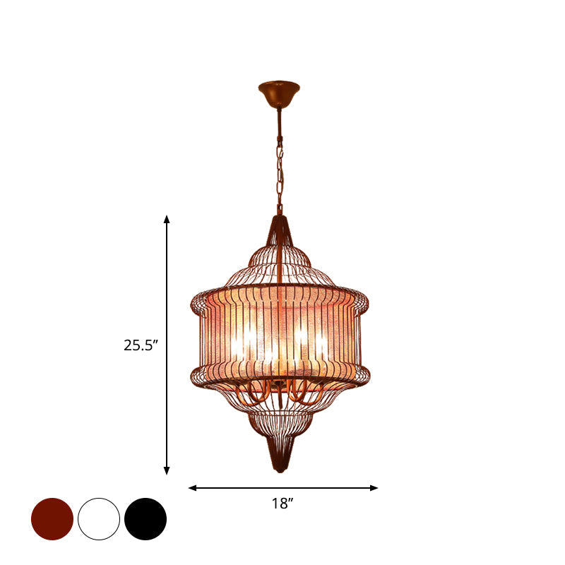 Farmhouse Black/Red/White Metal Lantern Pendant: 5-Bulb Cage Suspension Lighting Fixture for Dining Table