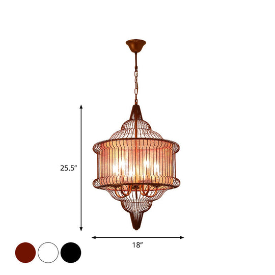 Farmhouse Black/Red/White Metal Lantern Pendant: 5-Bulb Cage Suspension Lighting Fixture for Dining Table