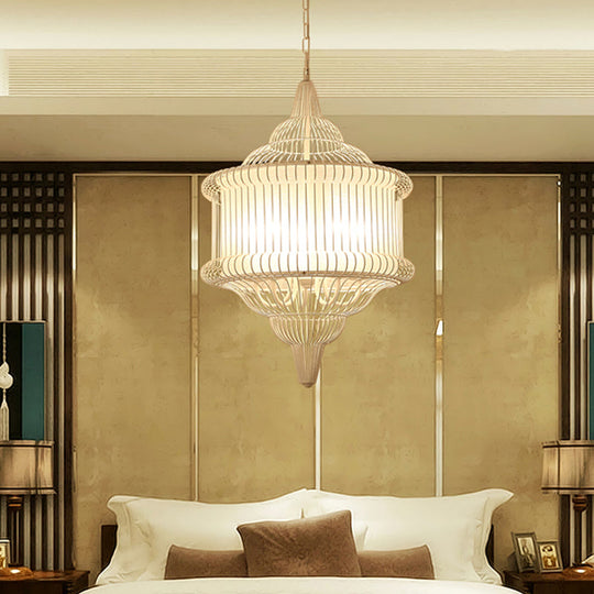 Farmhouse Black/Red/White Metal Lantern Pendant: 5-Bulb Cage Suspension Lighting Fixture for Dining Table