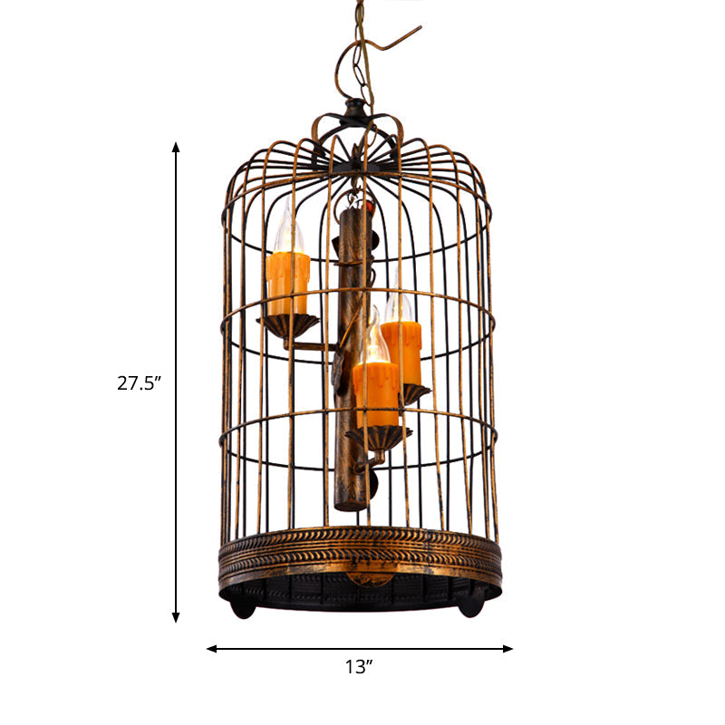 Vintage Countryside Chandelier Lamp with Amber Drop Pendant and Resin Bird Cage