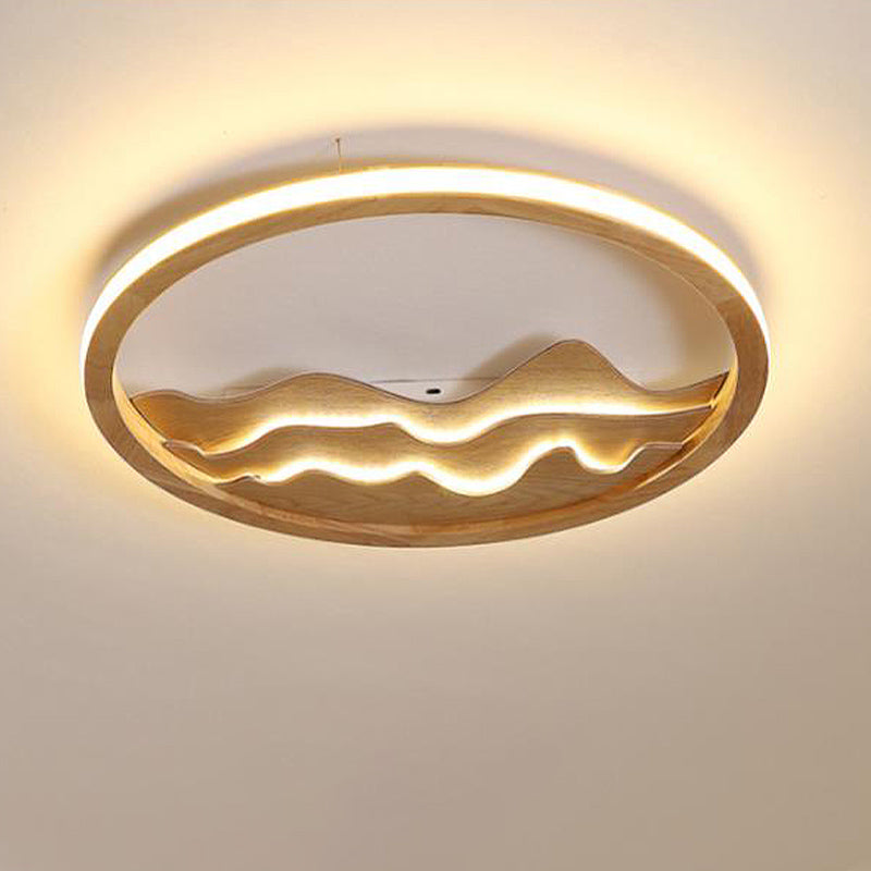 Modern Wood Flush Mount LED Fixture - Ring Design, Multiple Options for Bedroom Lighting - Beige/White, Stepless Dimming, Remote Control