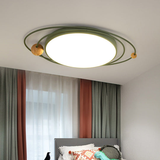 Nordic Style Metal LED Flush Ceiling Light - Drum Flush Lamp with Orbit Design in Green/Grey/White, 21"/26"/31" Width
