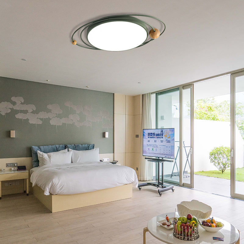 Nordic Style Metal LED Flush Ceiling Light - Drum Flush Lamp with Orbit Design in Green/Grey/White, 21"/26"/31" Width