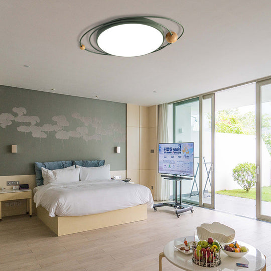Nordic Style Metal LED Flush Ceiling Light - Drum Flush Lamp with Orbit Design in Green/Grey/White, 21"/26"/31" Width