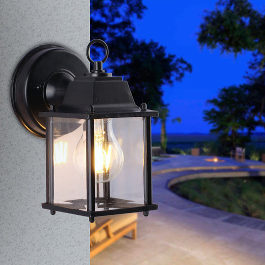Outdoor Black Wall Mounted Sconce Lamp - Industrial Square Shade, Clear Glass, 1 Bulb