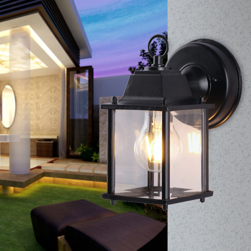 Outdoor Black Wall Mounted Sconce Lamp - Industrial Square Shade, Clear Glass, 1 Bulb