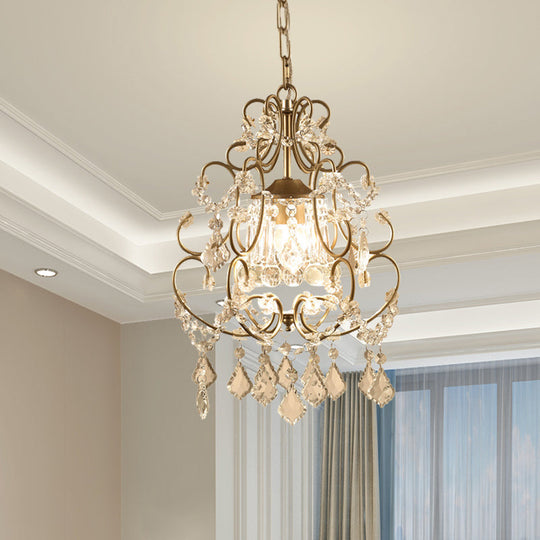 Curving Arm Crystal Chandelier with Lantern Design – Brass Finish & Crystal Draping