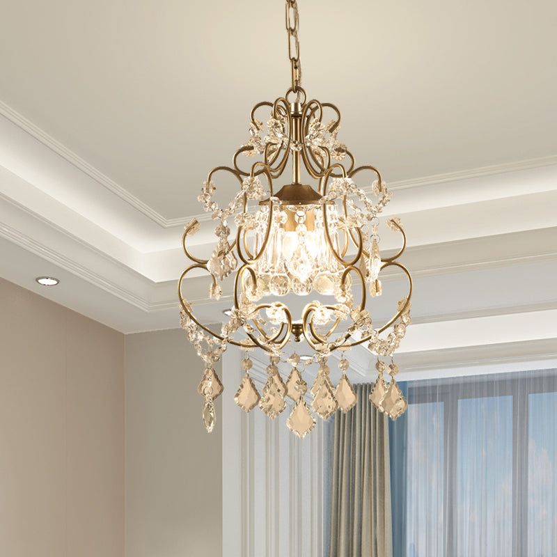 Curving Arm Crystal Chandelier with Lantern Design – Brass Finish & Crystal Draping