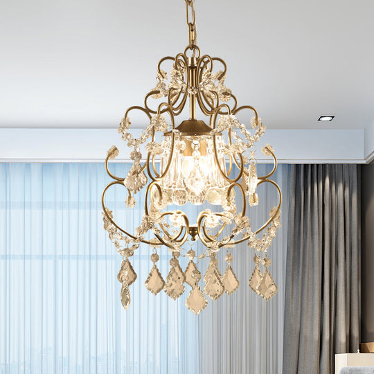 Curving Arm Crystal Chandelier with Lantern Design – Brass Finish & Crystal Draping