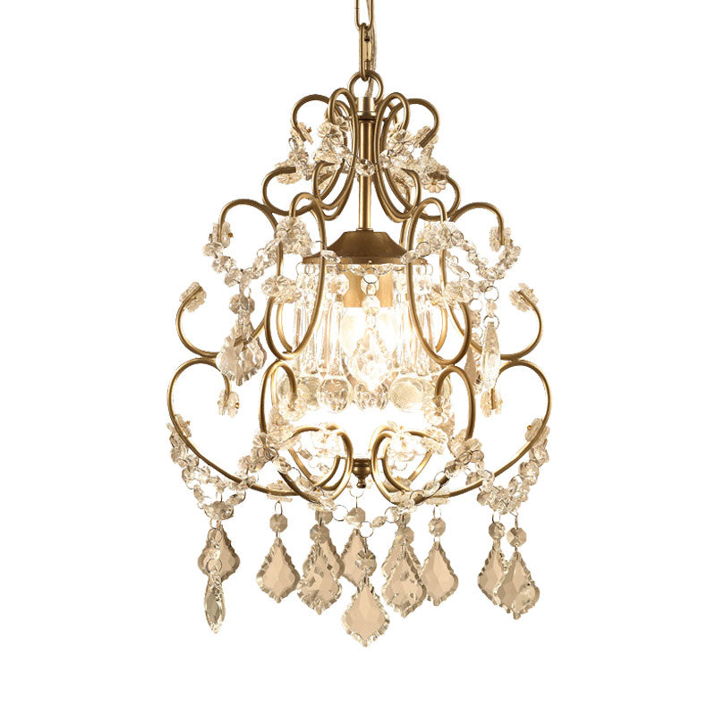 Curving Arm Crystal Chandelier with Lantern Design – Brass Finish & Crystal Draping