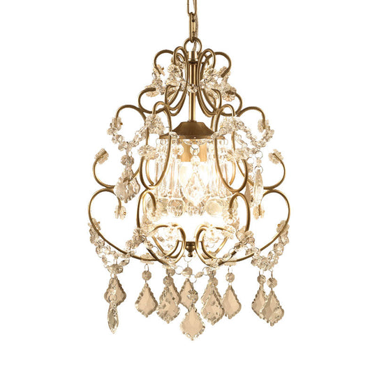 Curving Arm Crystal Chandelier with Lantern Design – Brass Finish & Crystal Draping