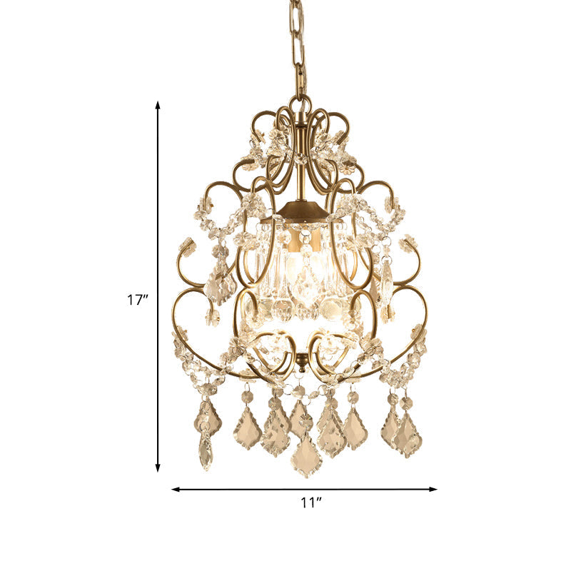 Curving Arm Crystal Chandelier with Lantern Design – Brass Finish & Crystal Draping
