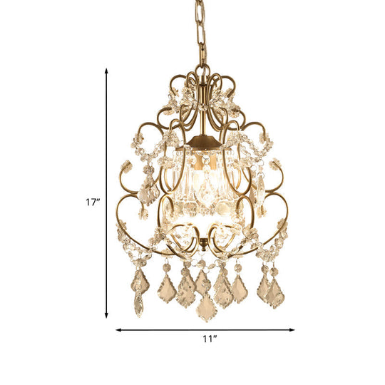 Curving Arm Crystal Chandelier with Lantern Design – Brass Finish & Crystal Draping