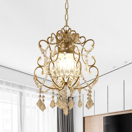 Curving Arm Crystal Chandelier with Lantern Design – Brass Finish & Crystal Draping