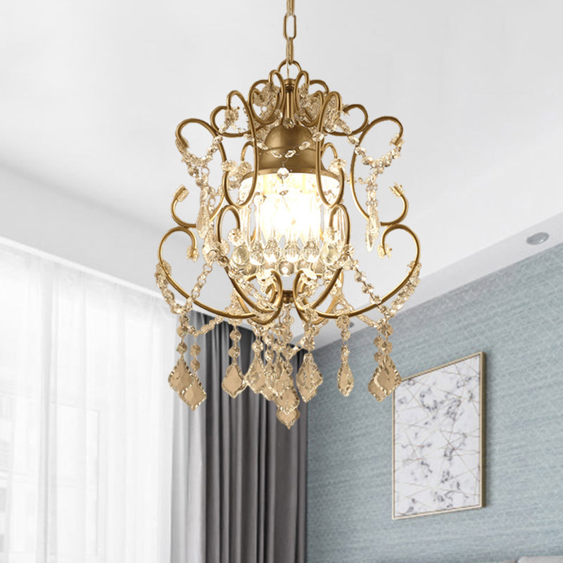 Curving Arm Crystal Chandelier with Lantern Design – Brass Finish & Crystal Draping