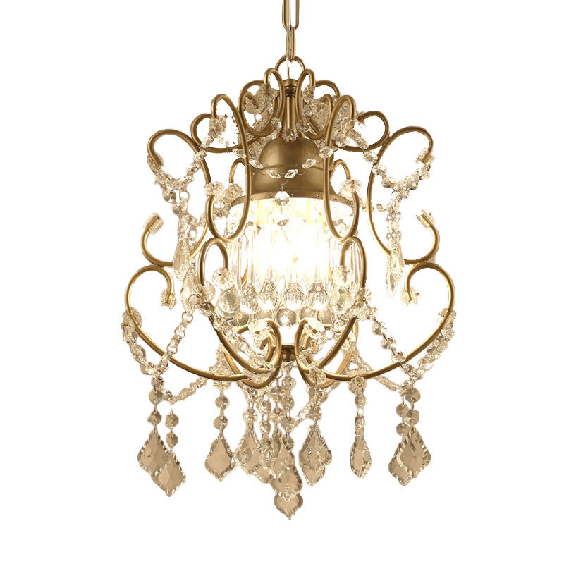 Curving Arm Crystal Chandelier with Lantern Design – Brass Finish & Crystal Draping