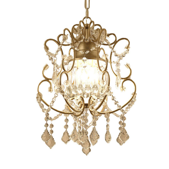 Curving Arm Crystal Chandelier with Lantern Design – Brass Finish & Crystal Draping