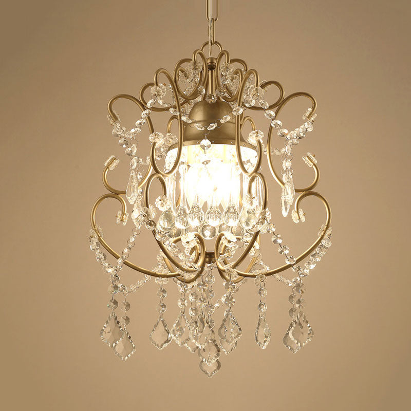 Curving Arm Crystal Chandelier with Lantern Design – Brass Finish & Crystal Draping