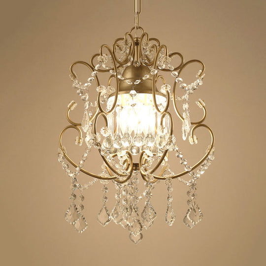 Curving Arm Crystal Chandelier with Lantern Design – Brass Finish & Crystal Draping