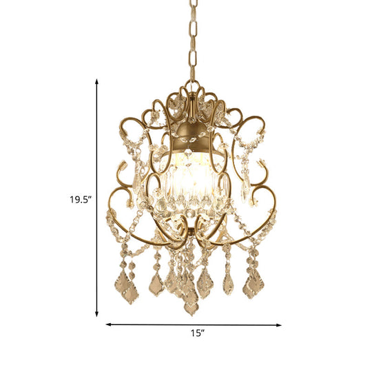 Curving Arm Crystal Chandelier with Lantern Design – Brass Finish & Crystal Draping
