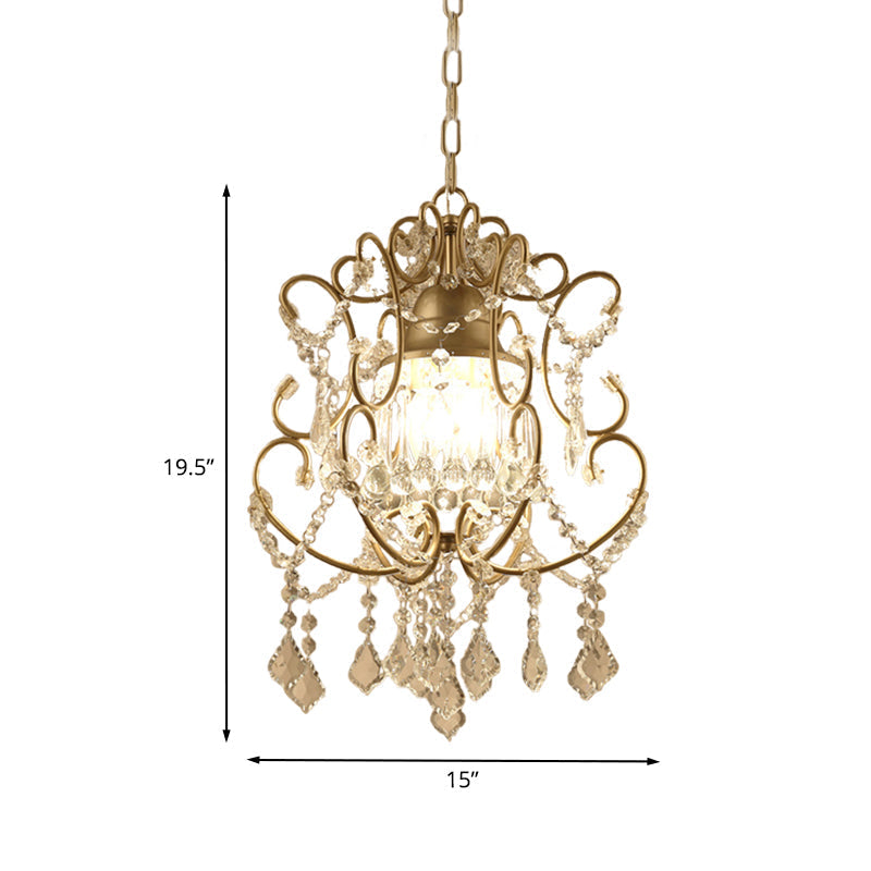Curving Arm Crystal Chandelier with Lantern Design – Brass Finish & Crystal Draping