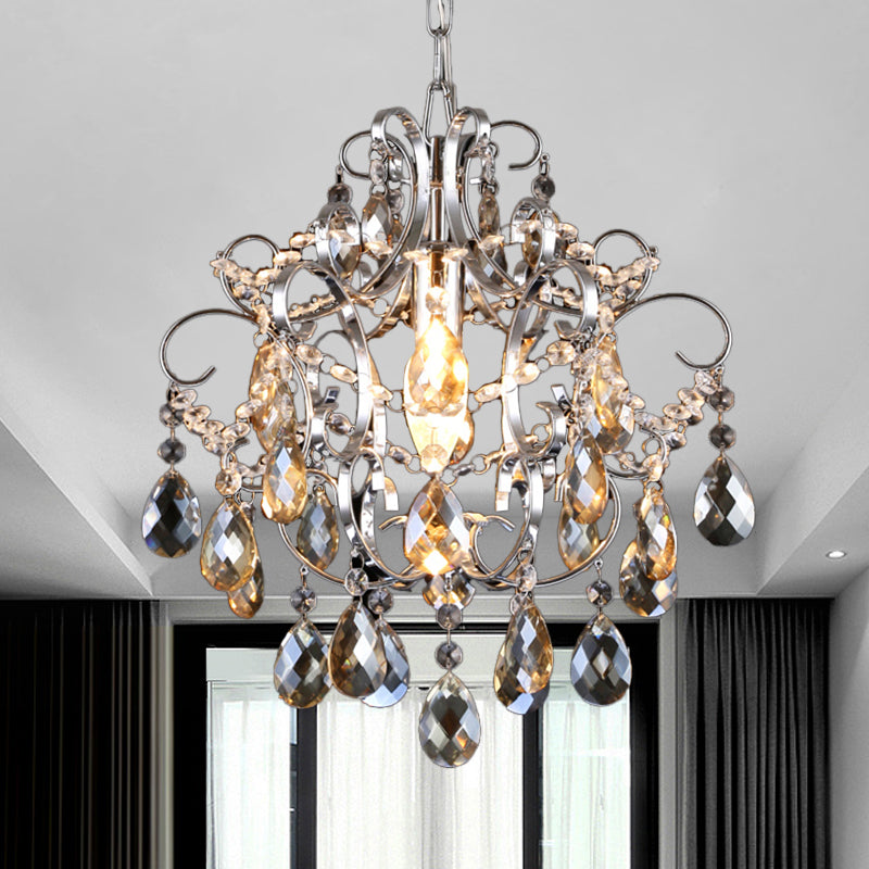 Curved Arm Crystal Drops Chandelier in Polish Chrome Finish