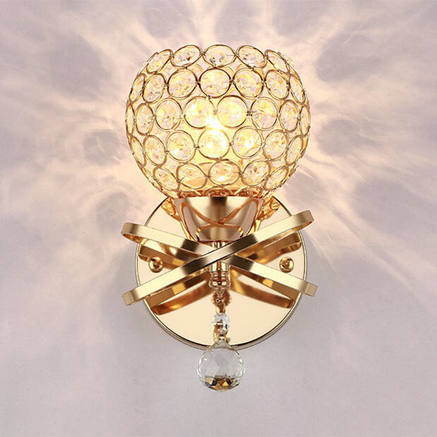 Globe Cutout Metal Shade Crystal Wall Sconce in Gold with Dropped Crystal Ball Accent
