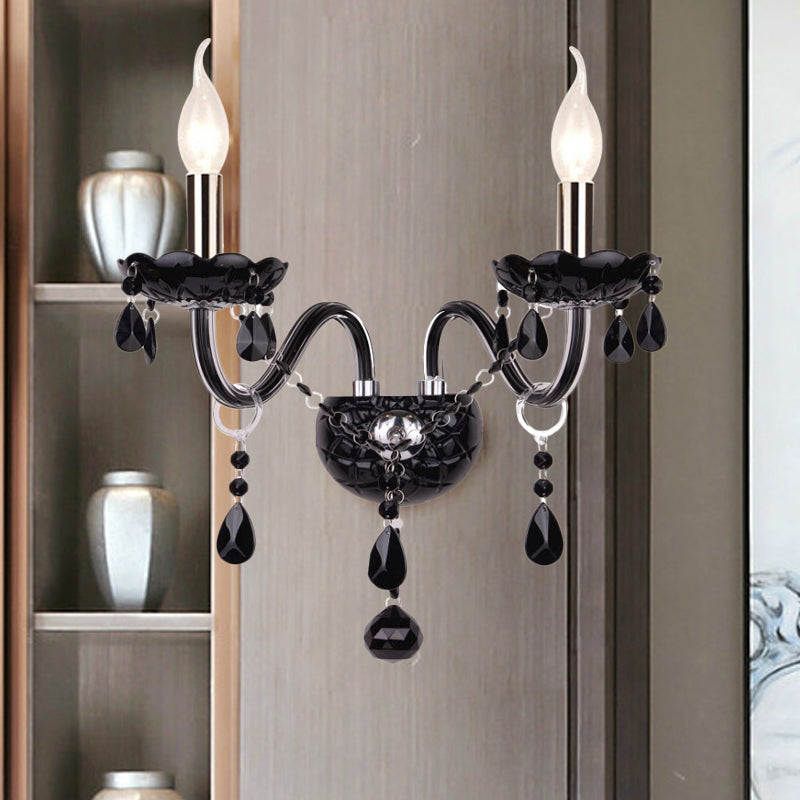 Black Crystal Wall Sconce with Elegant Candle-Style Arm